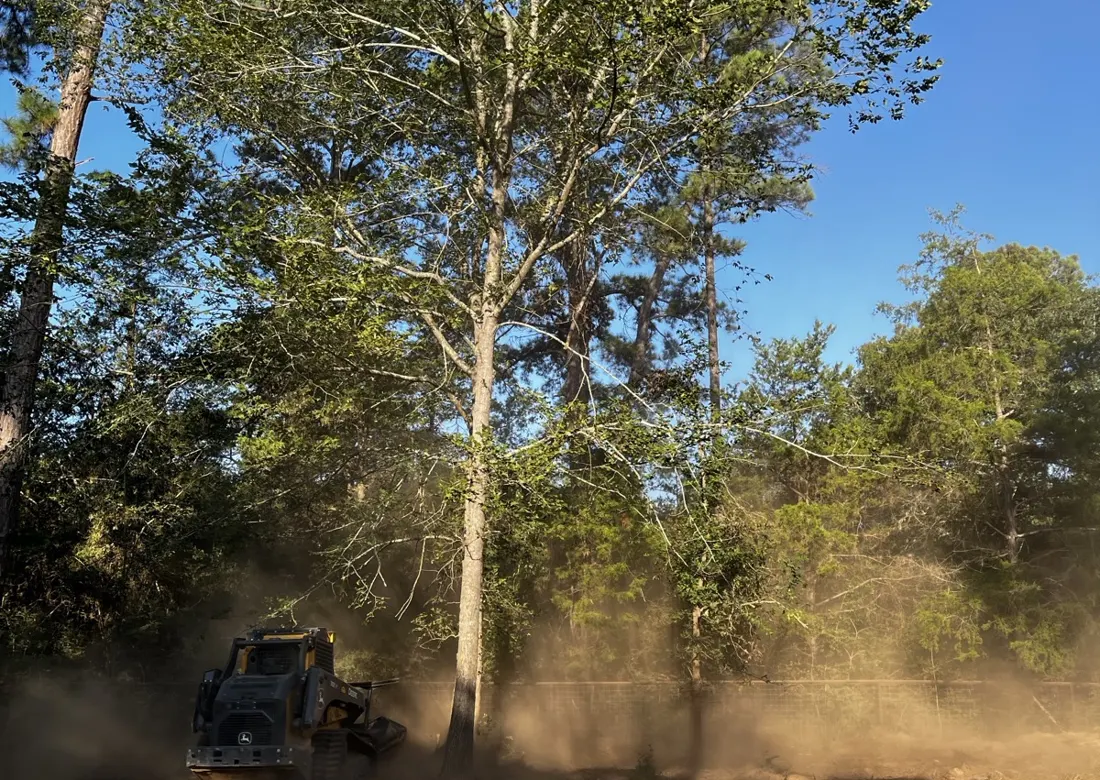 The track loader working between trees along a fence line